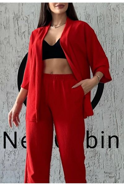 NewCabin Kimono și pantaloni cu picioare largi din lycra roșii de vară - Set sezon nou