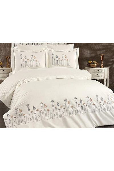 Çeyiz Diyarı Silk Embroidered Double Duvet Cover Set Cream - Gray
