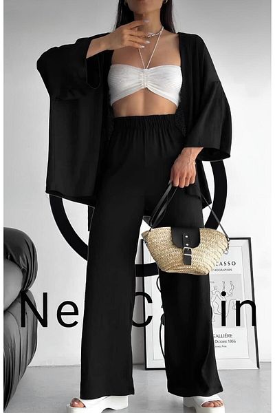 NewCabin Kimono negru din Lycra de vară și pantaloni cu picioare largi - Set de țesături ondulate înfășurat sezon nou
