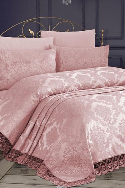 Çeyiz Diyarı French Lace Kure 3 Piece Bedspread Powder