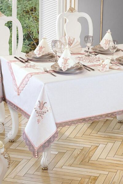 Çeyiz Diyarı Tulip Embroidered Lace Rectangular Tablecloth Cream Powder