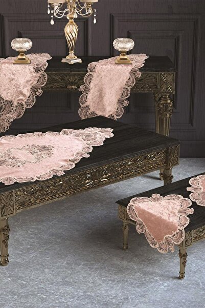 Çeyiz Diyarı Fransız Güpürlü Yasemin Kadife Salon Takımı 5 Parça Pudra