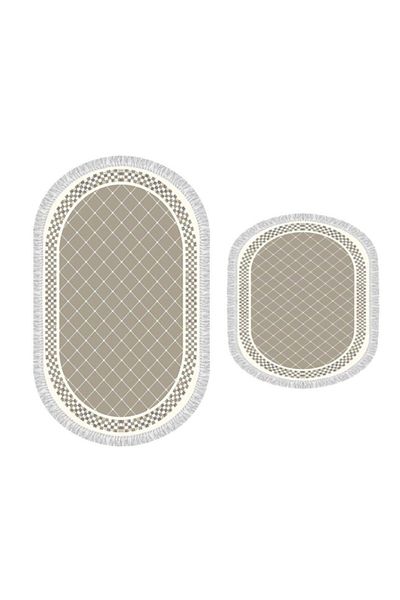Çeyiz Diyarı Set covoraș de baie oval cu franjuri din 2 piese Dama Cappucino