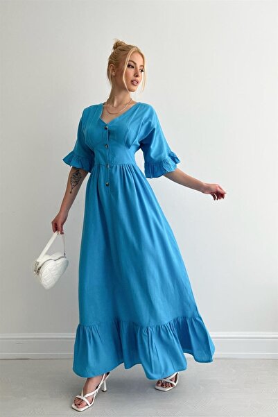 munora butik Beli Korsaj Detaylı Mavi Maxi Elbise