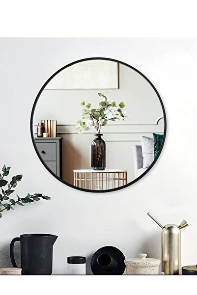 tino furniture Afrodit Siyah Metal Dekoratif Yuvarlak Ayna Çap 60 Cm