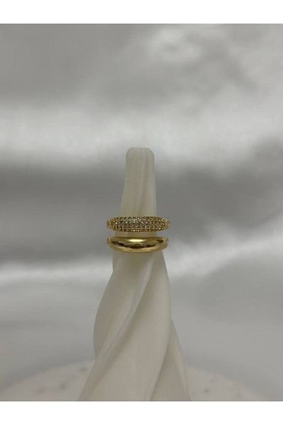 lysiaaccessory Steel Double Curved Zircon Stone Detailed Gold Ring