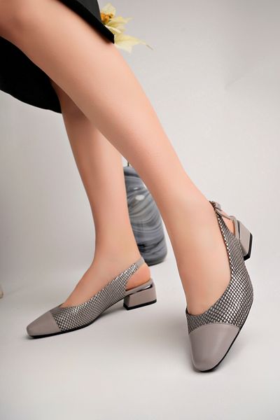 Akgün Terlik Women's Genuine Leather Stone Snake Textured Open Back Heeled Shoes