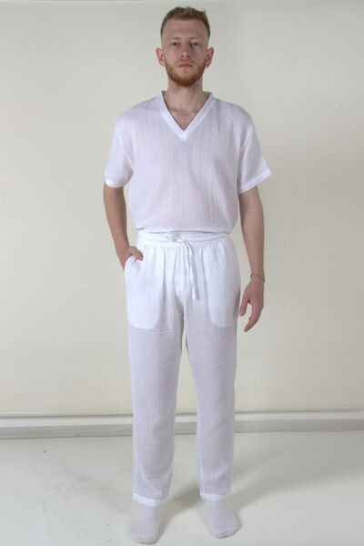 ARİNNASİDE Muslin Men's Lace-Up Long Summer and Casual White Trousers