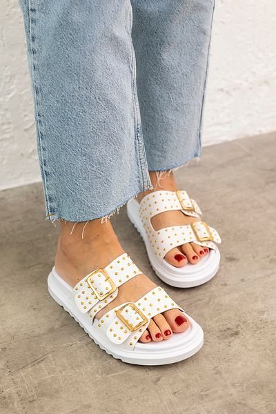 MYPOPPİSHOES Papuci de damă model Daisy albi - talpă de 4 cm