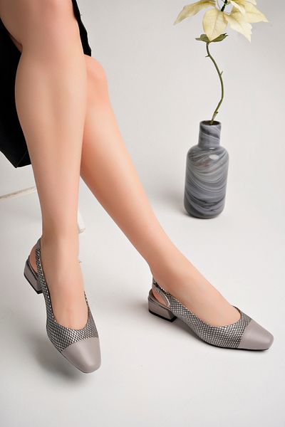 Akgün Terlik Women's Genuine Leather Stone Snake Textured Open Back Heeled Shoes