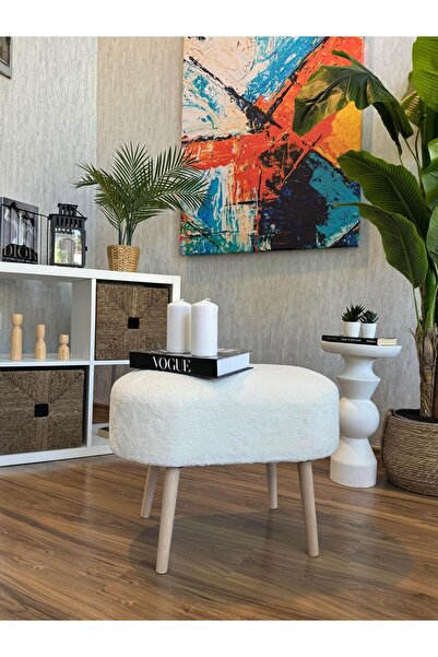 WEBPANYA Gürgen Ahşap Ayak Beyaz Teddy Kumaş Pofidik Tedy Handmade Oval Puf S...