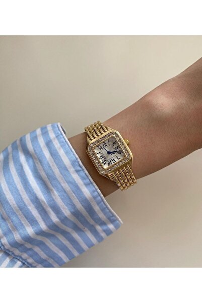 ÇENÇEN Taş Işlemeli Beyaz Kadran Kare Minimal Altın Kadın Kol Saati