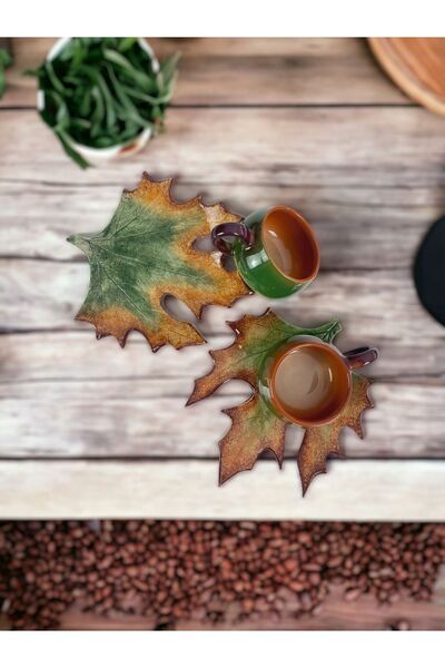 Artistic Quality Dekoratif Çınar Yaprak Figürlü, Yeşil Ve Kahve Renklerinde Çay Kahve Fincanı Seti 2 Kişilik
