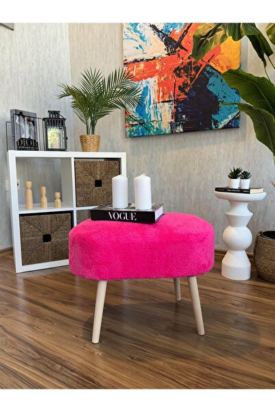 WEBPANYA Gürgen Ahşap Ayak Fuşya Teddy Kumaş Pofidik Tedy Handmade Oval Puf S...