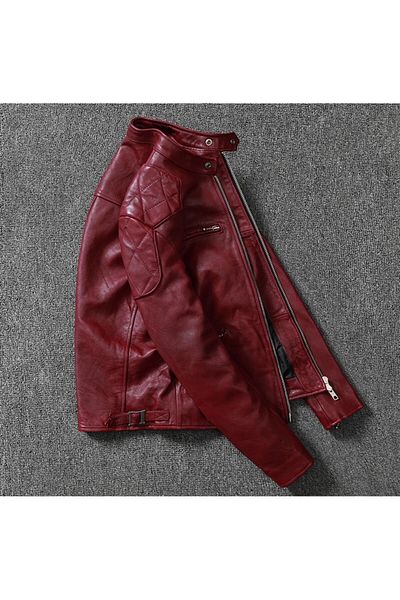NYC GİYİM TEKSTİL Red Vintage Motorcycle Wine Genuine Leather Coat