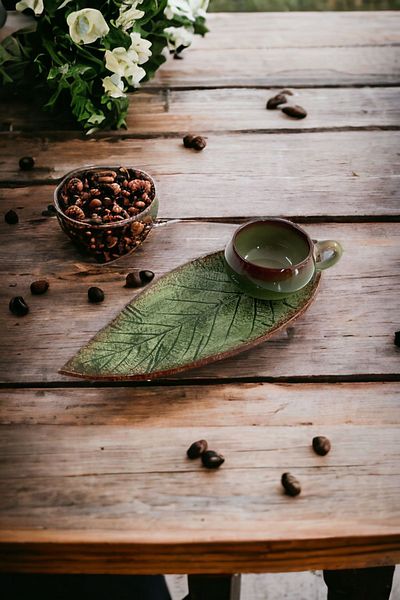 Artistic Quality Decorative Walnut Leaf Figured, Green and Coffee Colored Tea Coffee Cup Set for 1 Person