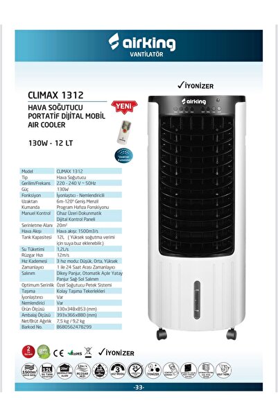 Airking CLİMAX 1312 Uzaktan Kumandalı Dijital Iyonizer Portatif Hava Soğutucu