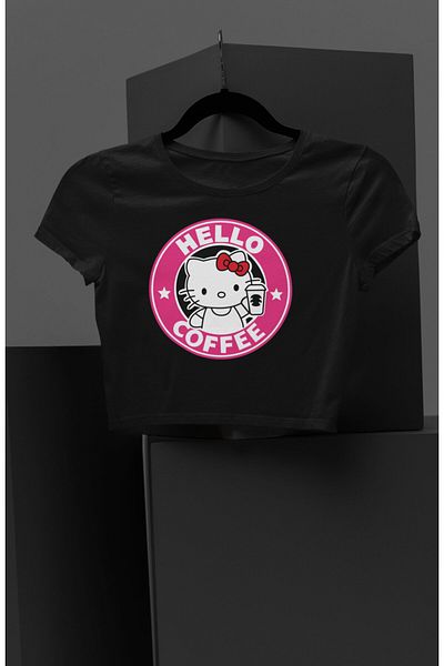 Fuddy Moda Crop Top pentru fete cu imprimeu Hello Coffee, bluză crop pentru copii cu imprimeu Hello Kitty