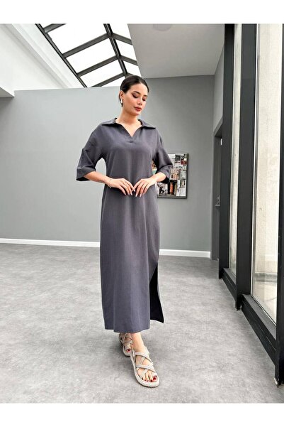 LACASE Siyah Keten Gömlek Elbise