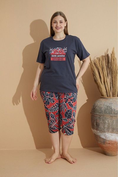 makkash Navy Blue Printed Combed Cotton Capri - Bermuda Plus Size Pajama Set