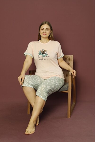 makkash 100% Cotton Large Size Powder Pink Floral Patterned Battal Bermuda Women's Pajamas Set