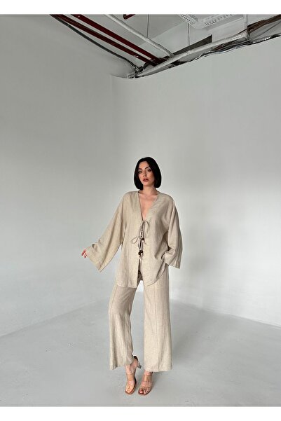 Laluvia Stone Color Beaded Kimono Linen Set