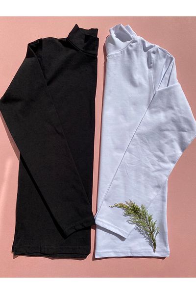 LEYNA BUTİK 2 Pieces Black and White Turtleneck Long Sleeve Cotton Lycra Women's Athlete-body