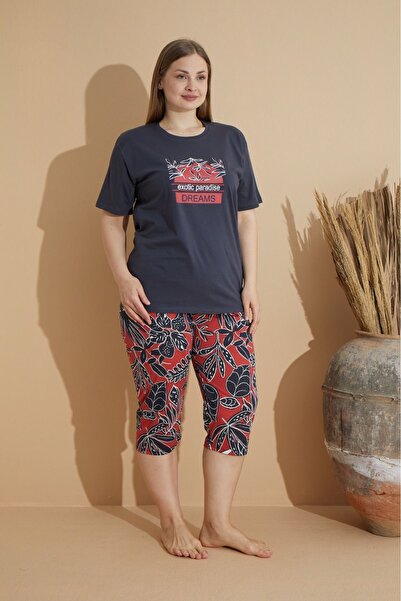 makkash Kadın Penye Lacivert Baskılı Kapri - Bermuda Büyük Beden Pijama Takımı