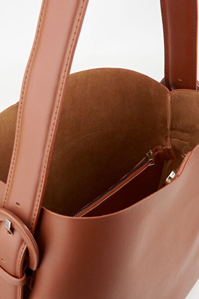 Çanta Park Tan Suede Soft Leather Snap Fastener and Zipper Closure Interior Compartment Large Size Shopper Bag