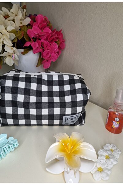 perlina home حقيبة مكياج منقوشة باللون الأسود _ حجم كبير