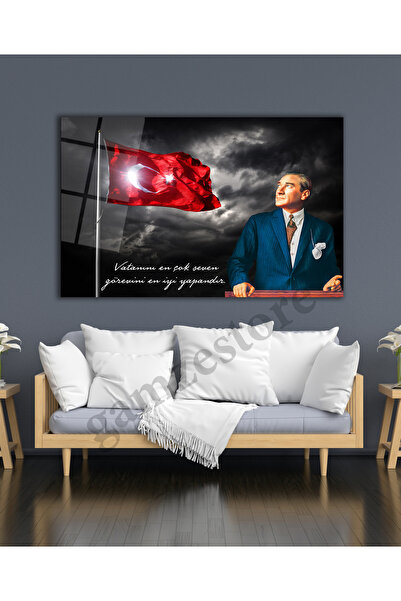 gamze store Atatürk ve Türk Bayrağı Portresi Cam Tablo Ev Salon Ofis Hediyelik Büyük Tablo Duvar Dekoru