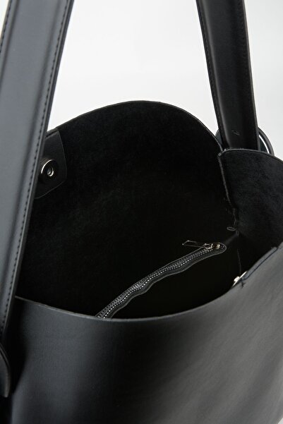 Çanta Park Respected Black Suede Soft Leather Large Size Shopper Bag with Snap Fasteners and Zippered Inner Compartment