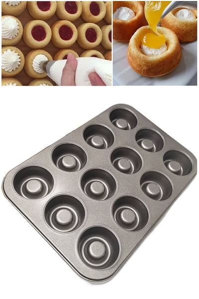 Pinkev 12 Compartment Non-Stick Teflon Coated Steel Muffin Cake Extra Cake Mold