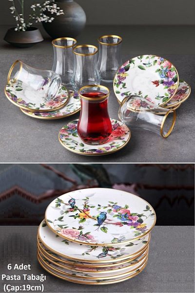 Pinkev Flora 18 Piece Ceramic Cake Plate Set with Tea Cup - Kup119F