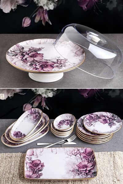 Pinkev Petunia 16 Piece Ceramic Cake Presentation Plate Set with Dome - Kup116P