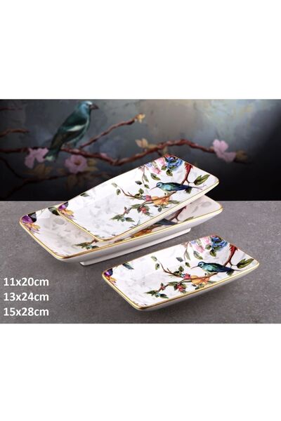 Pinkev Flora 3 Boy Seramik Kayık Servis Sunum Tabağı Tabak Seti