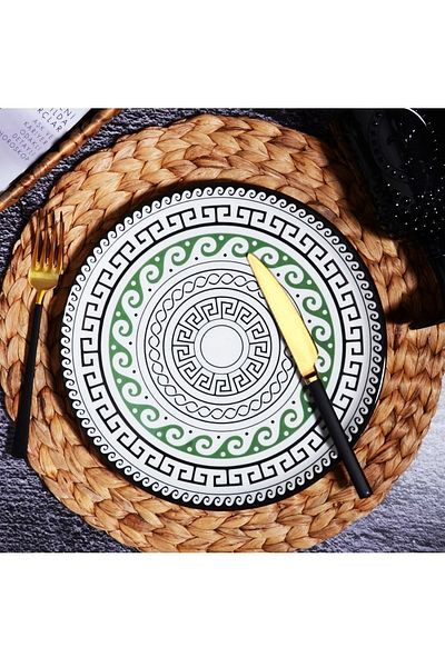 Pinkev Green Black Patterned 6-Piece Ceramic Plate Set - 26cm