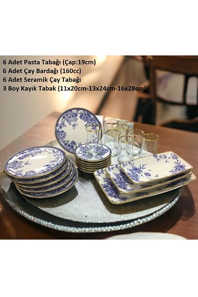 Pinkev Butterfly 21 Piece Ceramic Pastry Boat Breakfast Presentation Plate Set with Tea Cups