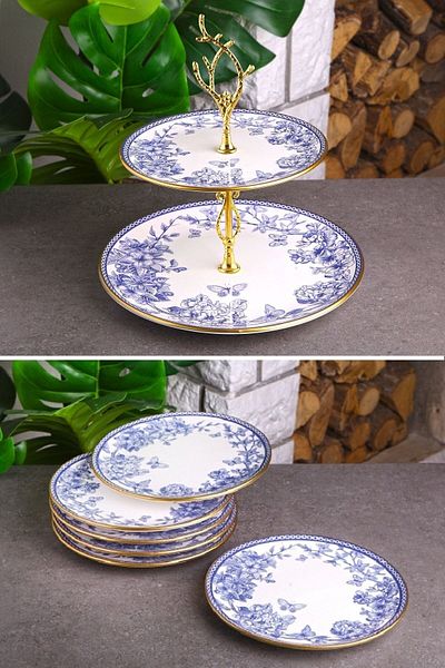 Pinkev Butterfly 7 Piece Ceramic Cake Plate Layered Cookie Holder Presentation Set - Kup121S