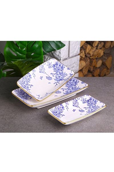 Pinkev Blue Floral 3-Piece Ceramic Boat Serving Presentation Plate Set