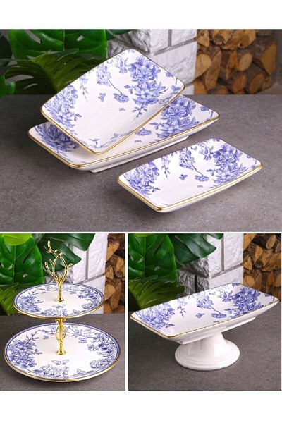 Pinkev Butterfly 5 Piece Ceramic Pastry Cookie Boat Plate Serving Presentation Set