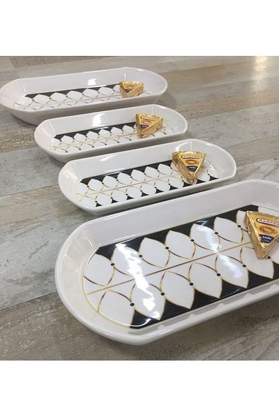 Pinkev Black Drops 4 Piece Ceramic Oval Breakfast Cheese Bowl Boat Serving Presentation Plate Bowl Set
