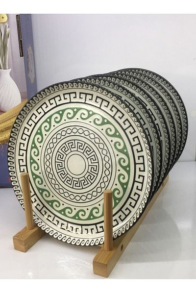 Pinkev Green Black Patterned 6-Piece Ceramic Plate Set - 26cm