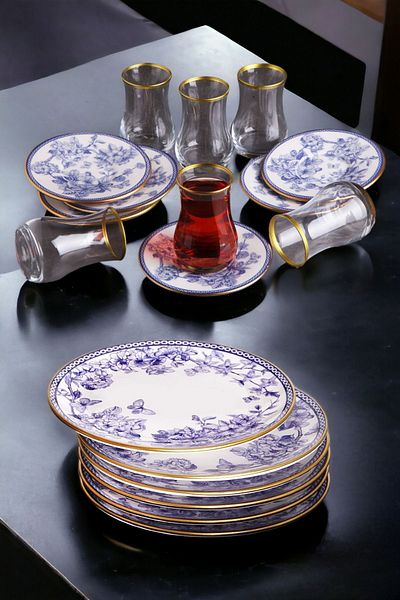 Pinkev Butterfly 18 Piece Ceramic Cake Plate Set with Tea Cups - Kup119S