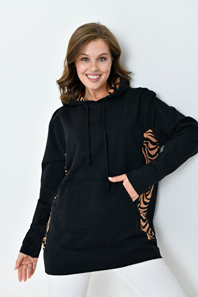 mirach Zebra Detaylı Kapüşonlu Siyah Oversize Sweatshirt - Özel Koleksiyon Rahat Salaş Tasarım