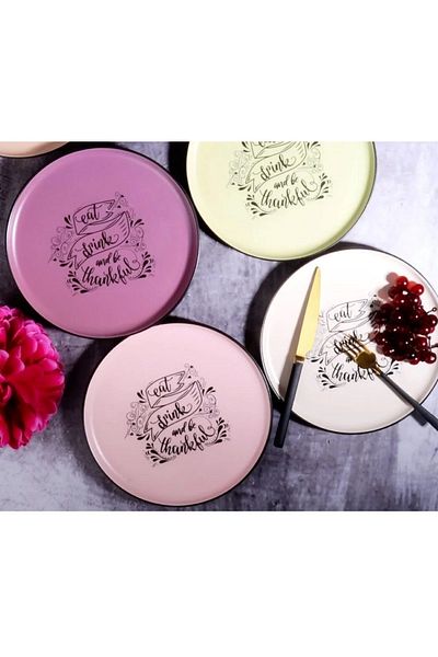 Pinkev Ceramic 22cm Colored Cake Serving Presentation Plate Set for 6 People - Motto