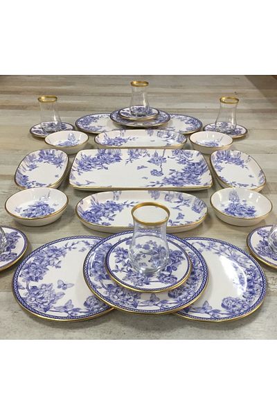 Pinkev 27 Pieces 6 Person Ceramic Breakfast Cake Plate with Blue Gold Tea Cups Presentation Set