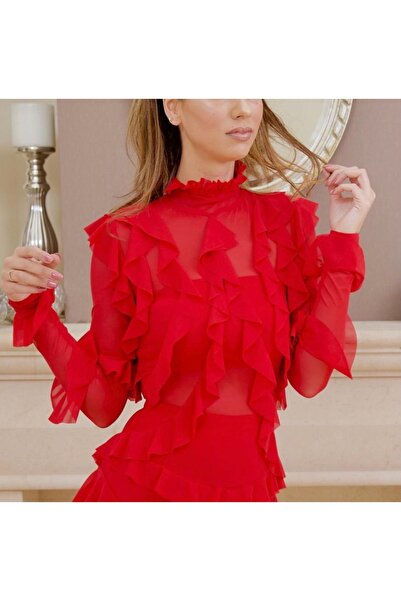 ARZUSONMEZ Kırmızı Transparan Fırfırlı Esnek  Kumaş  Arkadan Düğmeli Kadın AbIye