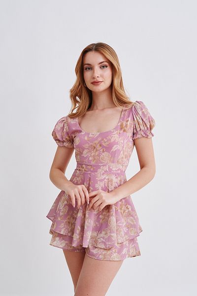 Rabia Çelik Γυναικείο Μίνι Φόρεμα σε Πούδρα με Floral Print - Με Σορτς Φούστα