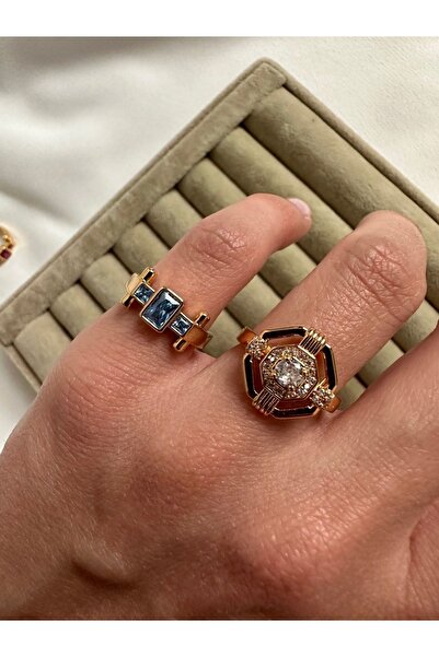 ringbox Mavi Renkli Taşlı Dörtgen Model Serçe Parmak Yüzüğü